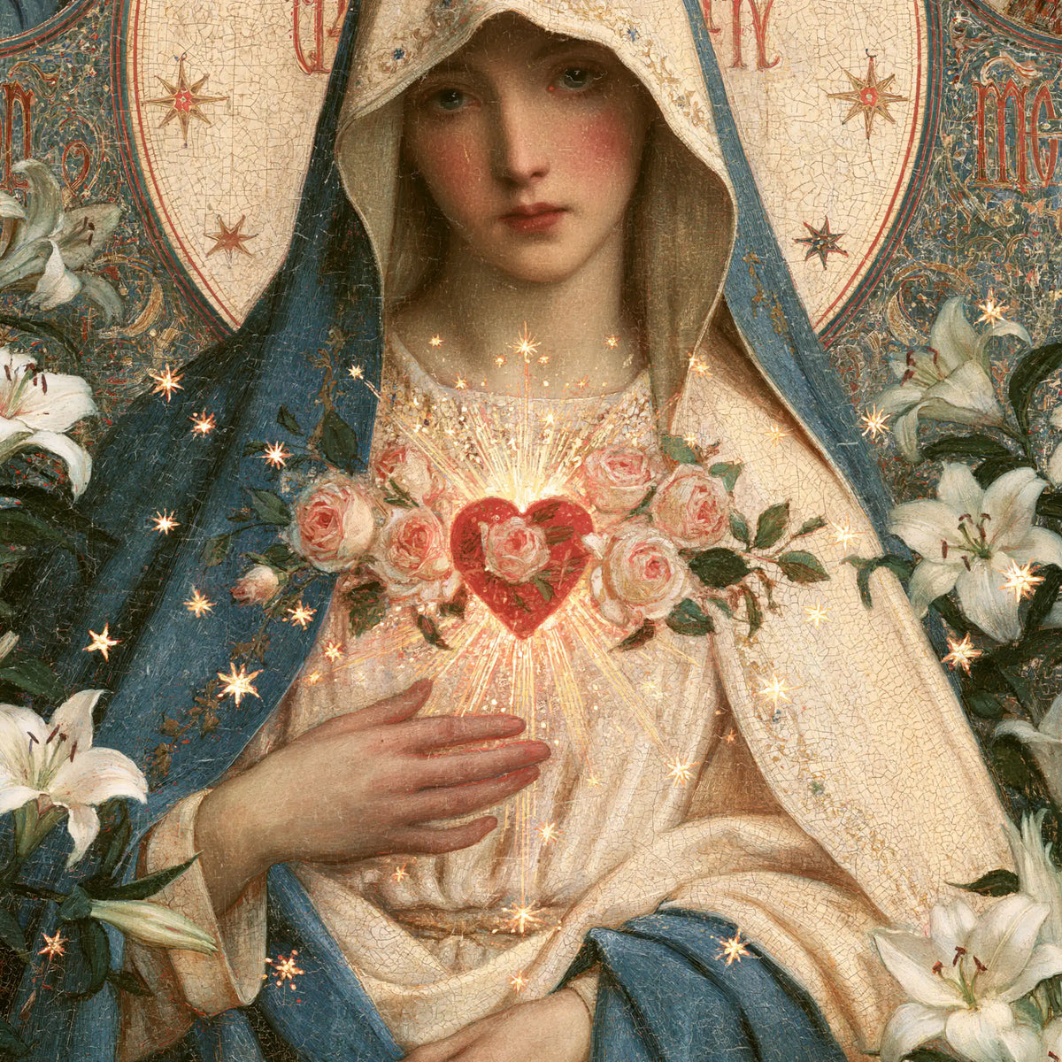 the Immaculate Heart of Mary in a symbolist composition in Symbolist style, square Christian artwork no. 1