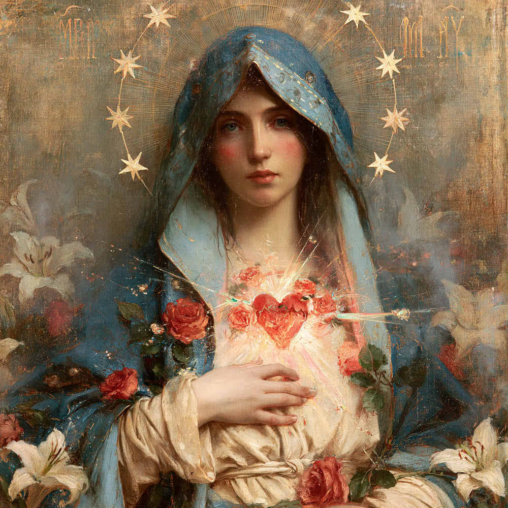 the Immaculate Heart of Mary in a symbolist composition in Symbolist style, square Christian artwork no. 4