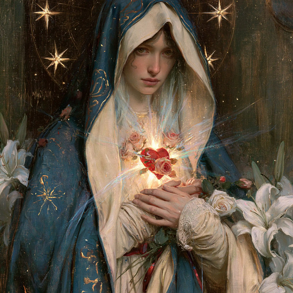the Immaculate Heart of Mary in a symbolist composition in Symbolist style, square Christian artwork no. 10