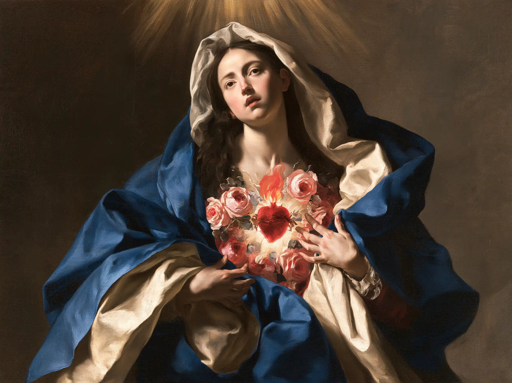 the Immaculate Heart of Mary in a theatrical Baroque scene in Theatrical Baroque style, landscape Christian artwork no. 2