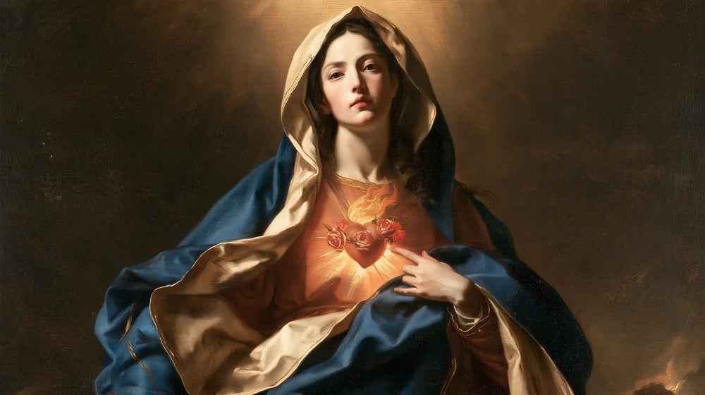 the Immaculate Heart of Mary in a theatrical Baroque scene in Theatrical Baroque style, landscape Christian artwork no. 12