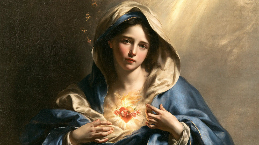 the Immaculate Heart of Mary in a theatrical Baroque scene in Theatrical Baroque style, landscape Christian artwork no. 16