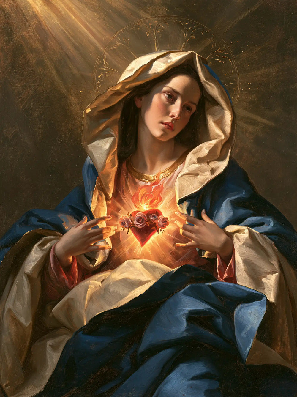 the Immaculate Heart of Mary in a theatrical Baroque scene in Theatrical Baroque style, portrait Christian artwork no. 17