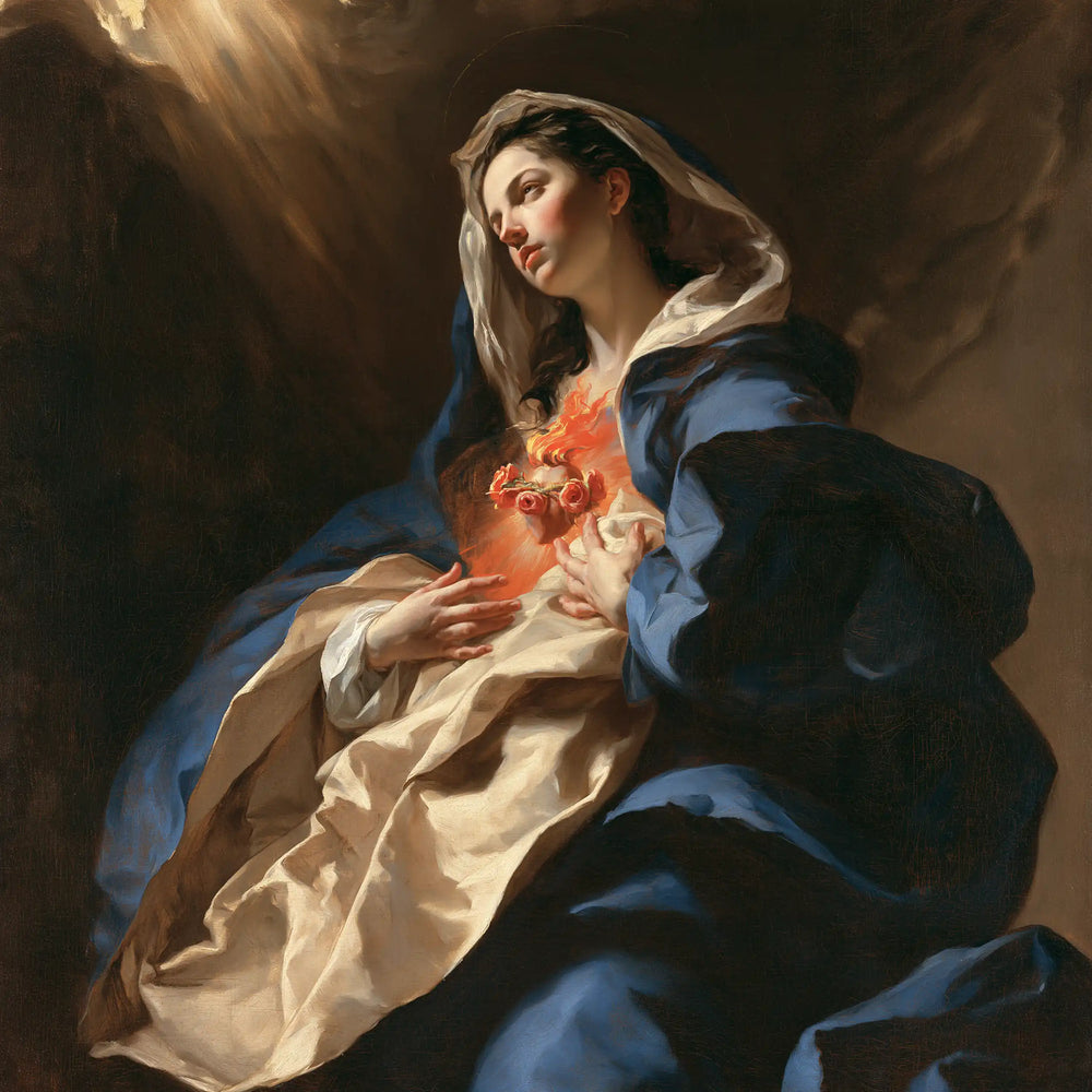the Immaculate Heart of Mary in a theatrical Baroque scene in Theatrical Baroque style, square Christian artwork no. 2