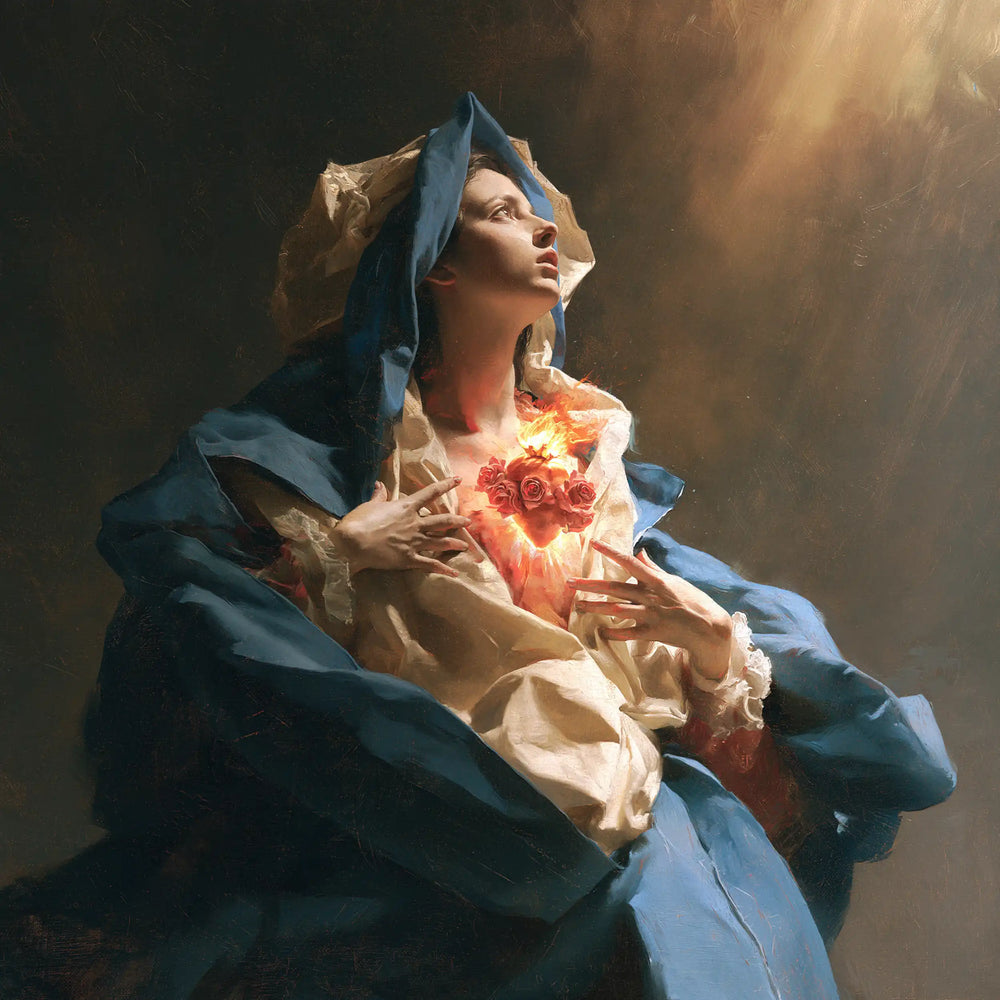 the Immaculate Heart of Mary in a theatrical Baroque scene in Theatrical Baroque style, square Christian artwork no. 3