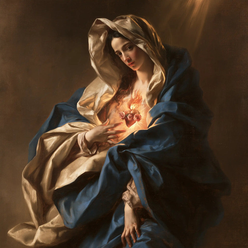 the Immaculate Heart of Mary in a theatrical Baroque scene in Theatrical Baroque style, square Christian artwork no. 6