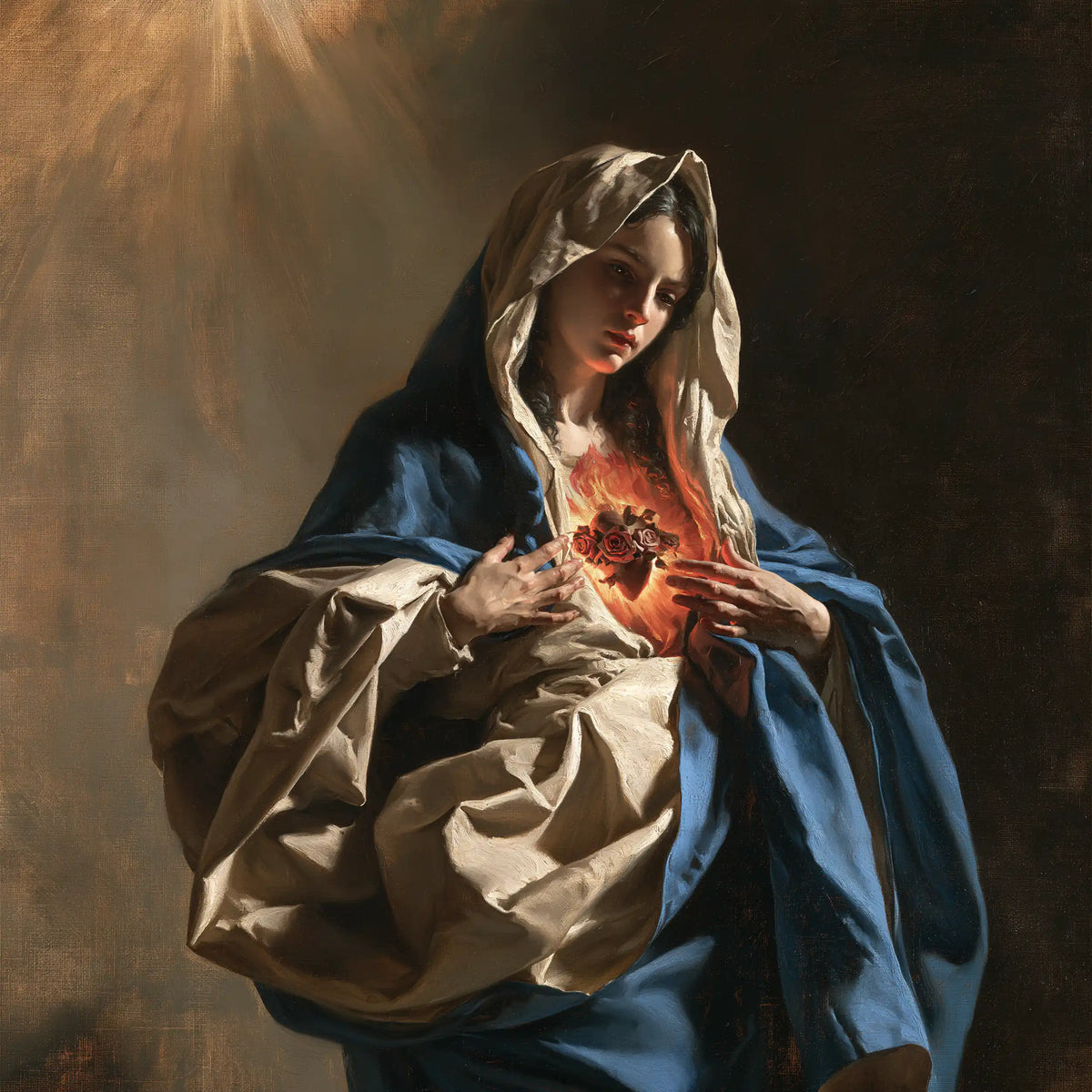the Immaculate Heart of Mary in a theatrical Baroque scene in Theatrical Baroque style, square Christian artwork no. 7