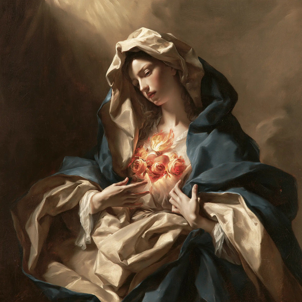 the Immaculate Heart of Mary in a theatrical Baroque scene in Theatrical Baroque style, square Christian artwork no. 12