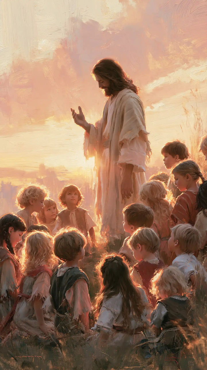 Jesus and the Children — The Standing Presence beneath the Rose Sky