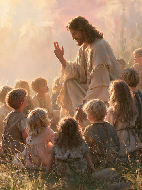 Jesus and the children gathered at dawn in Jesus and the Children at Dawn style, portrait Christian artwork no. 13