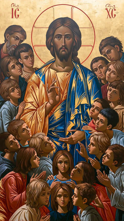 Jesus and the children in a contemporary Byzantine icon in Contemporary Byzantine style, portrait Christian artwork no. 6