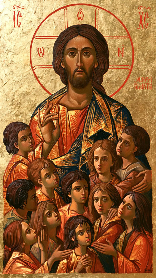 Jesus and the children in a contemporary Byzantine icon in Contemporary Byzantine style, portrait Christian artwork no. 8
