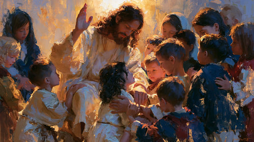 Jesus surrounded by children in an expressionist composition in Expressionist style, landscape Christian artwork no. 8