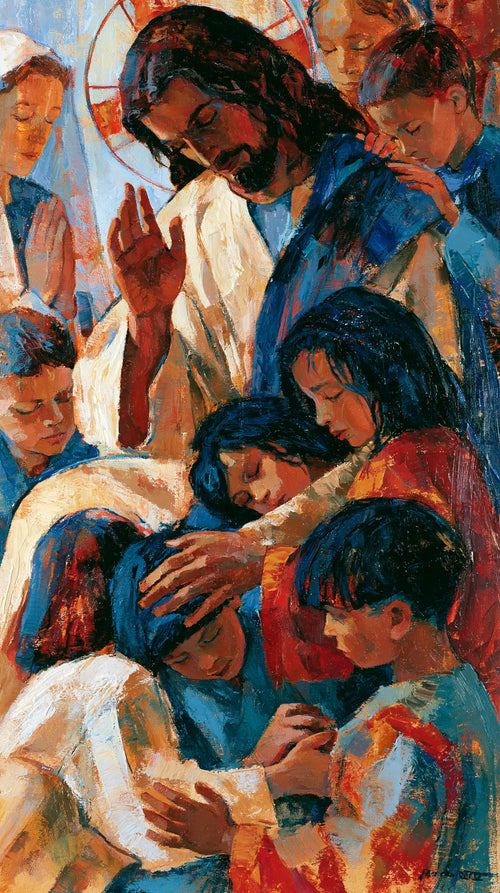 Jesus surrounded by children in an expressionist composition in Expressionist style, portrait Christian artwork no. 3