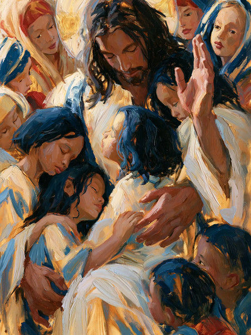 Jesus surrounded by children in an expressionist composition in Expressionist style, portrait Christian artwork no. 14