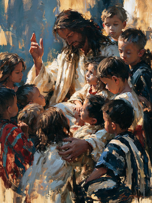 Jesus surrounded by children in an expressionist composition in Expressionist style, portrait Christian artwork no. 15