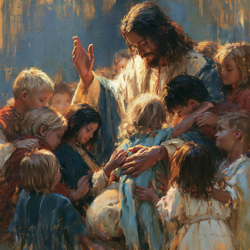 Jesus surrounded by children in an expressionist composition in Expressionist style, square Christian artwork no. 2