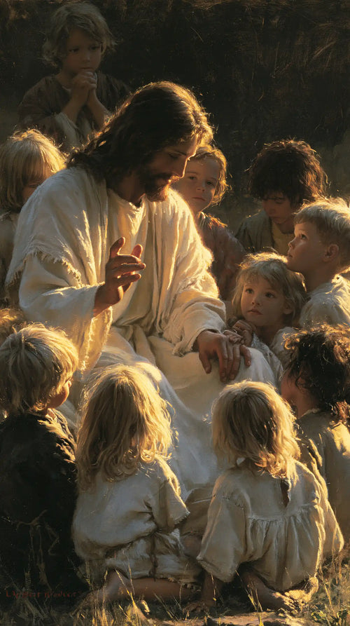 Jesus as divine light among the children in Jesus as Divine Light style, portrait Christian artwork no. 4