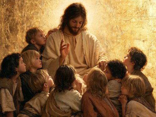 Jesus welcoming children in radiant golden light in Sacred Gold style, landscape Christian artwork no. 1