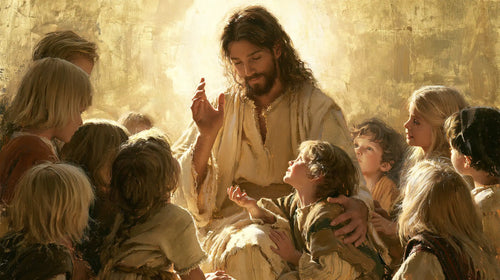 Jesus welcoming children in radiant golden light in Sacred Gold style, landscape Christian artwork no. 13