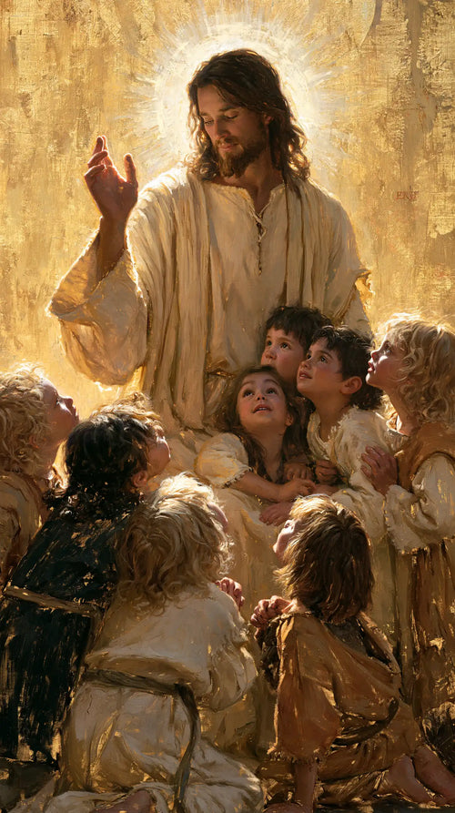Jesus welcoming children in radiant golden light in Sacred Gold style, portrait Christian artwork no. 3