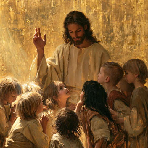 Jesus welcoming children in radiant golden light in Sacred Gold style, square Christian artwork no. 7
