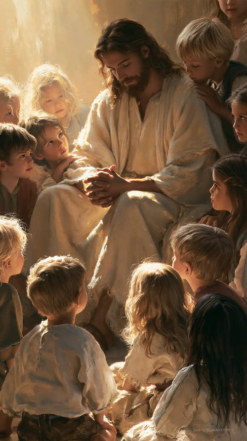 Jesus with children in a meditation on sacred innocence in Innocence as a Sacred Symbol style, portrait Christian artwork no. 1