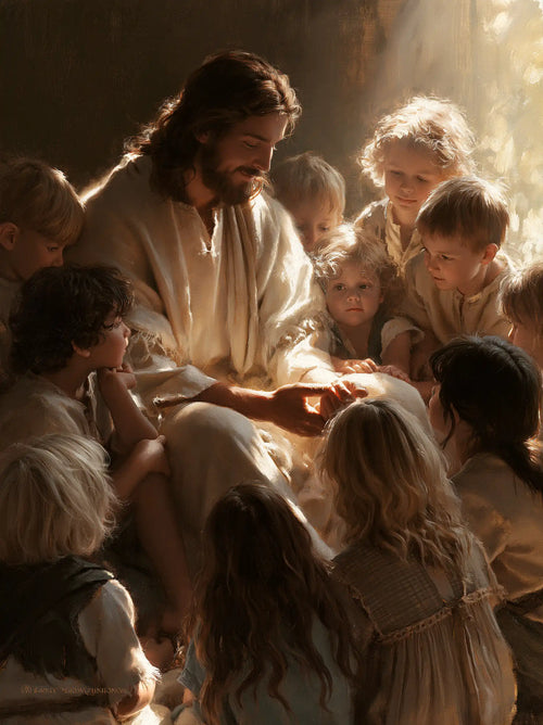 Jesus with children in a meditation on sacred innocence in Innocence as a Sacred Symbol style, portrait Christian artwork no. 9