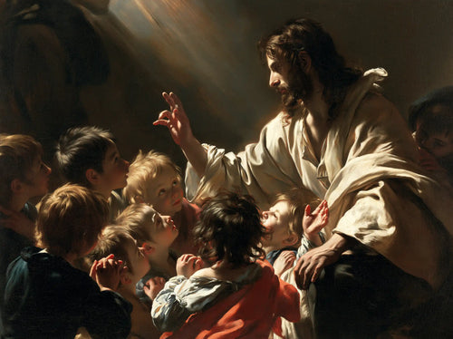 Jesus welcoming children in a theatrical Baroque scene in Theatrical Baroque style, landscape Christian artwork no. 1