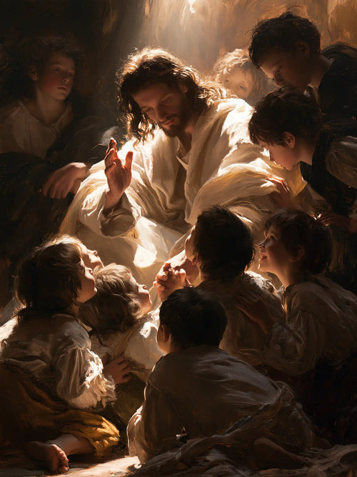 Jesus welcoming children in a theatrical Baroque scene in Theatrical Baroque style, portrait Christian artwork no. 5