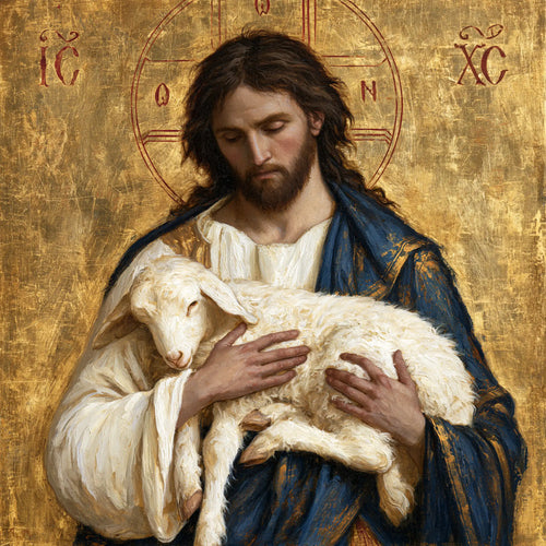 Jesus and the lamb in a contemporary Byzantine icon in Contemporary Byzantine style, square Christian artwork no. 3