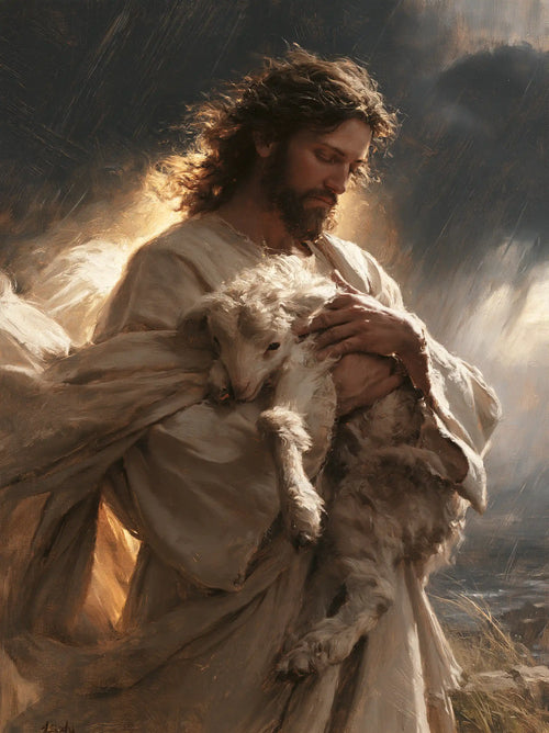 Jesus protecting a lamb in Jesus Protecting the Lamb style, portrait Christian artwork no. 10
