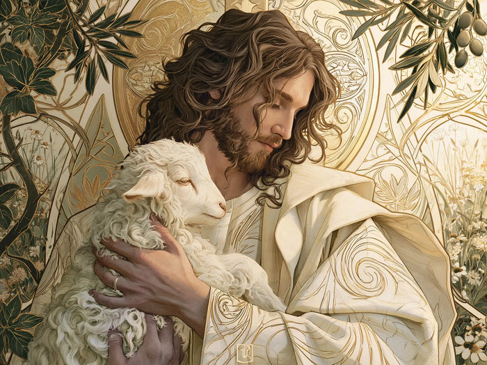 Jesus and the Lamb — Tenderness in Olive Arabesques
