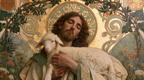Jesus and the lamb framed by sacred Art Nouveau ornament in Sacred Art Nouveau style, landscape Christian artwork no. 12
