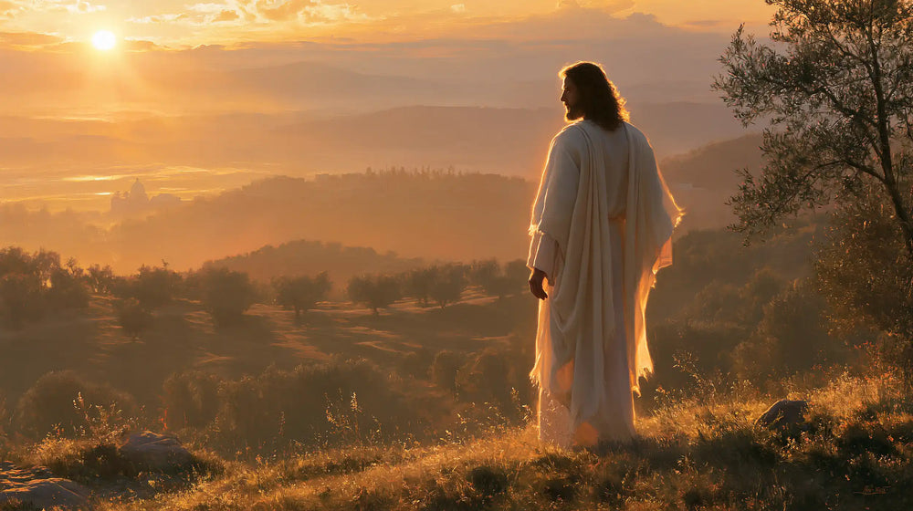 Jesus walking along a hillside at sunset in Sacred Silence style, landscape Christian artwork no. 10