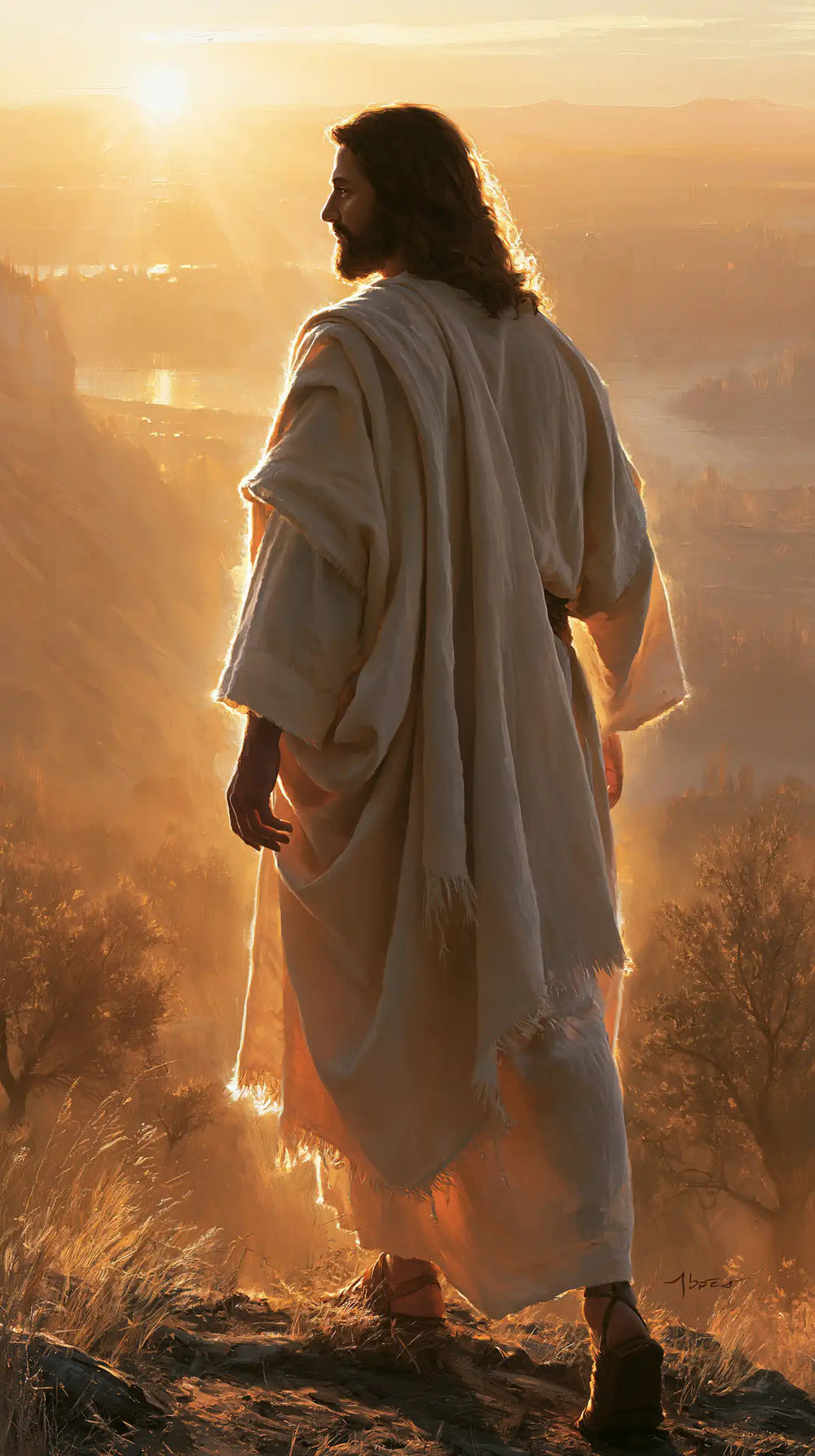 Jesus walking along a hillside at sunset in Sacred Silence style, portrait Christian artwork no. 3