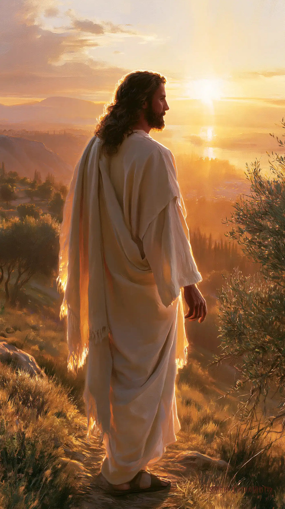 Jesus walking along a hillside at sunset in Sacred Silence style, portrait Christian artwork no. 11
