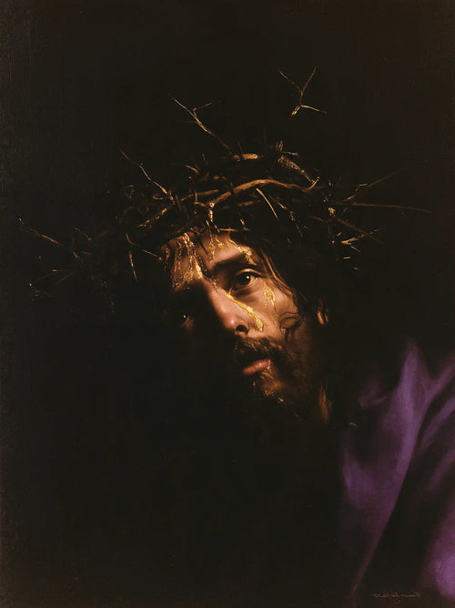 Jesus crowned with thorns in black and gold in Black and Gold style, portrait Christian artwork no. 13