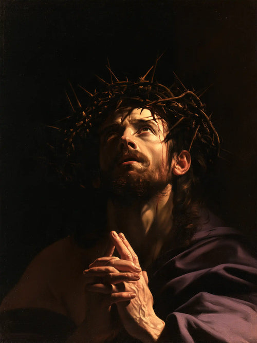 Jesus crowned with thorns in dramatic chiaroscuro in Caravaggio Tenebrism style, portrait Christian artwork no. 11