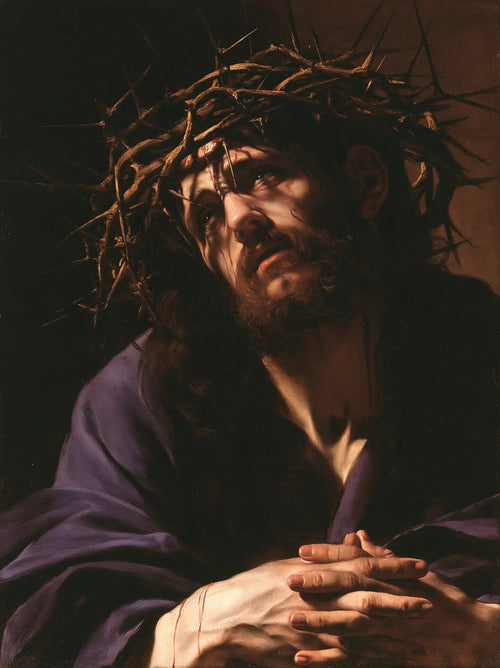 Jesus crowned with thorns in dramatic chiaroscuro in Caravaggio Tenebrism style, portrait Christian artwork no. 14
