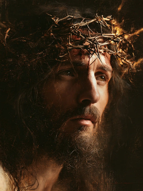 Jesus crowned with thorns as divine light in suffering in Jesus as Divine Light in Suffering style, portrait Christian artwork no. 10
