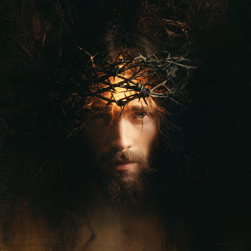 Jesus crowned with thorns as divine light in suffering in Jesus as Divine Light in Suffering style, square Christian artwork no. 3