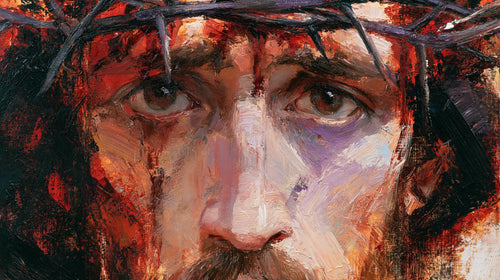 Jesus crowned with thorns in an expressionist composition in Expressionist style, landscape Christian artwork no. 11