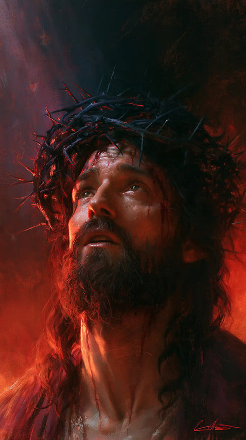 Jesus crowned with thorns with hidden glory in suffering in Hidden Glory in Suffering style, portrait Christian artwork no. 1
