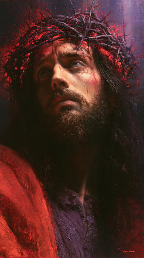 Jesus crowned with thorns with hidden glory in suffering in Hidden Glory in Suffering style, portrait Christian artwork no. 4