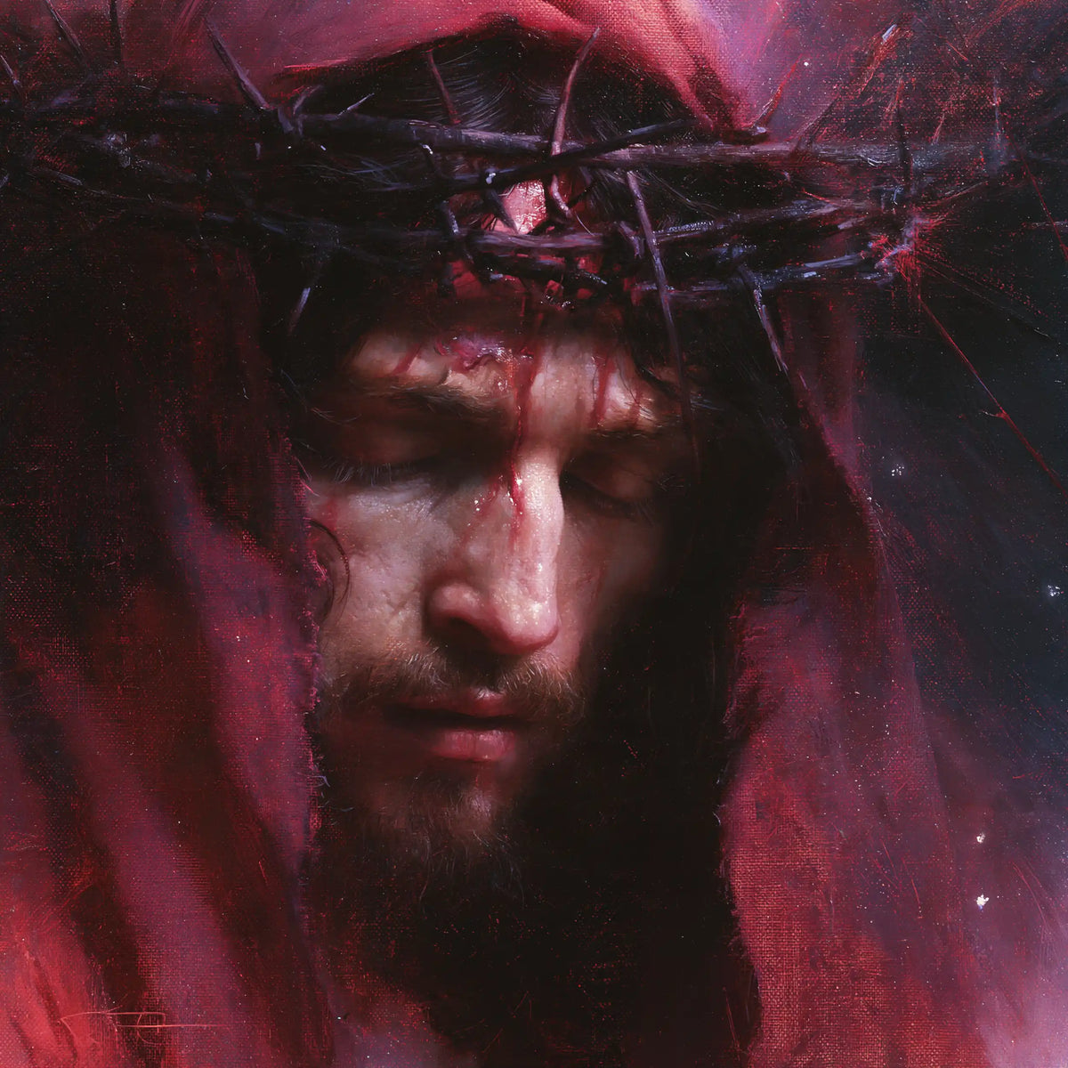 Jesus Crowned with Thorns — Contemplation beneath the Garnet Hood