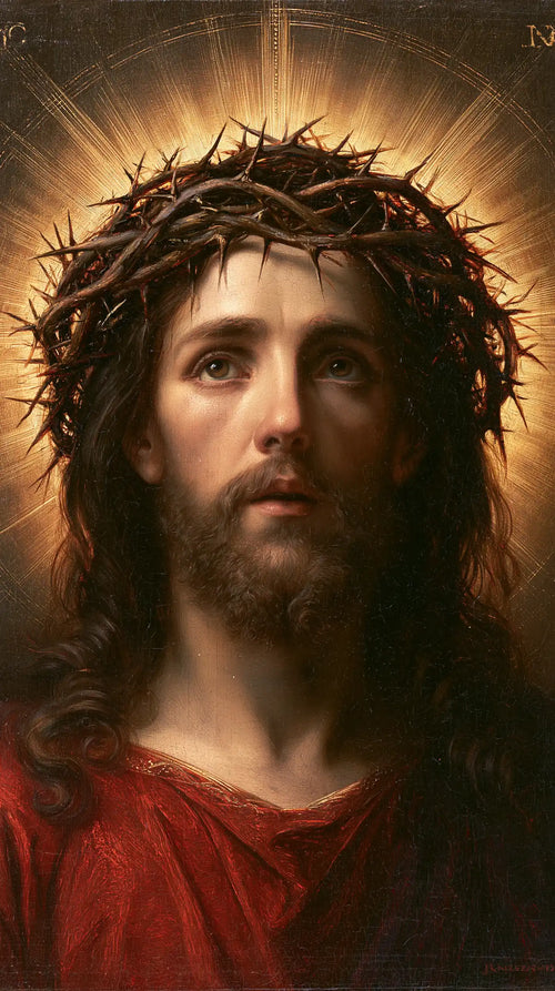 Jesus crowned with thorns in red, violet and gold in Crown of Thorns in Red, Violet and Gold style, portrait Christian artwork no. 4
