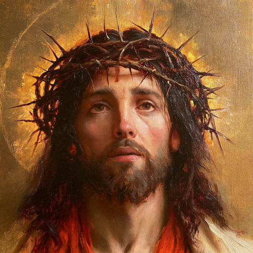 Jesus crowned with thorns in red, violet and gold in Crown of Thorns in Red, Violet and Gold style, square Christian artwork no. 6