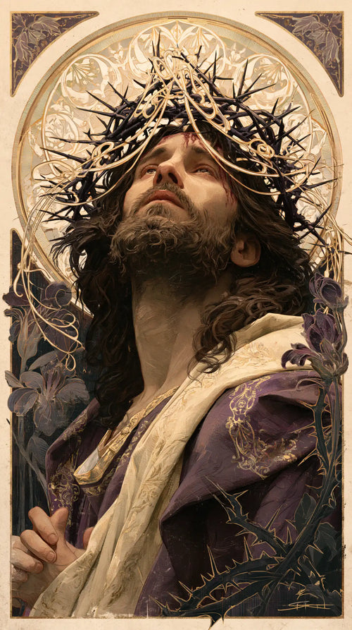 Jesus crowned with thorns framed by sacred Art Nouveau ornament in Sacred Art Nouveau style, portrait Christian artwork no. 3