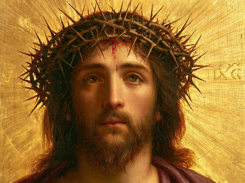 Jesus crowned with thorns in radiant sacred gold in Sacred Gold style, landscape Christian artwork no. 6